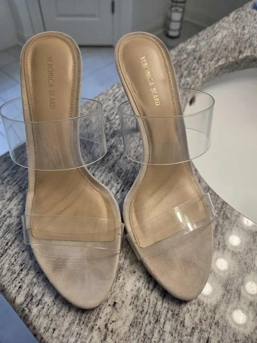 Veronica Beard Clear Strap Beige Suede Heel Sandals